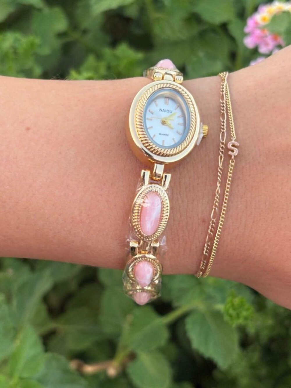 Coquette Pink Gemstone Gold Link Watch